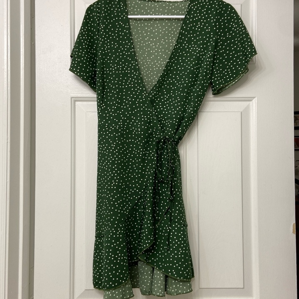 Green polka dot women’s wrap dress